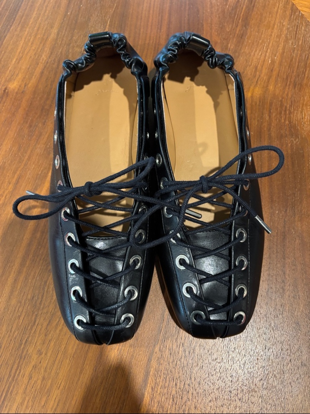 Ganni Black Lace-Up Patent Leather Ballet Flats